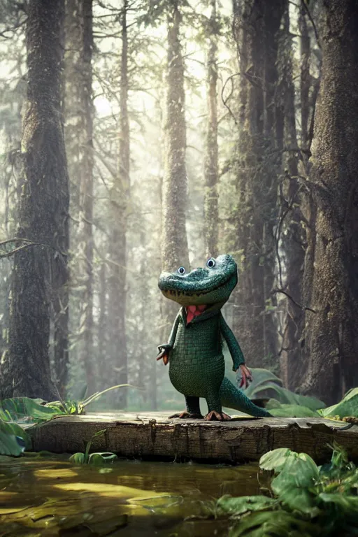 Image similar to a crocodile wearing a formal overcoat in a forest, Pixar style, 3D render, octane render, unreal engine 5, path tracing, cute, 4K, anatomically correct, natural lighting, high quality, highly detailed, low poly