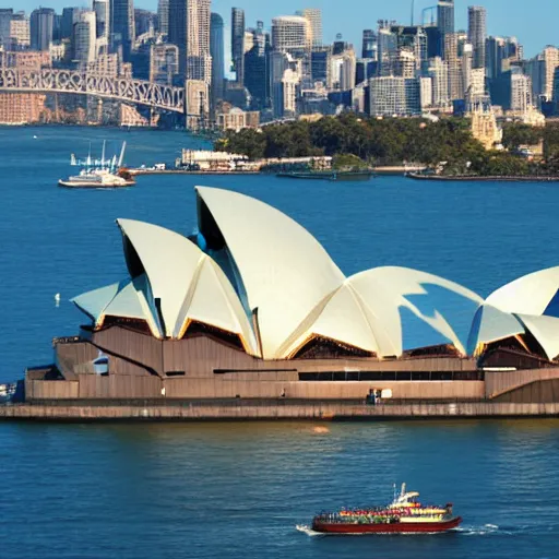 Image similar to a photo of the statue of liberty and the sydney opera house standing next to each other, high quality, 4 k, handheld, photorealistic