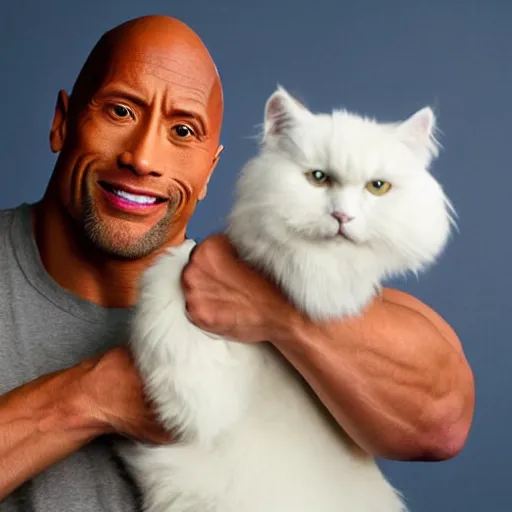 Image similar to dwayne johnson holding a fluffy white cat with yellow eyes, studio lighting, promotional photograph