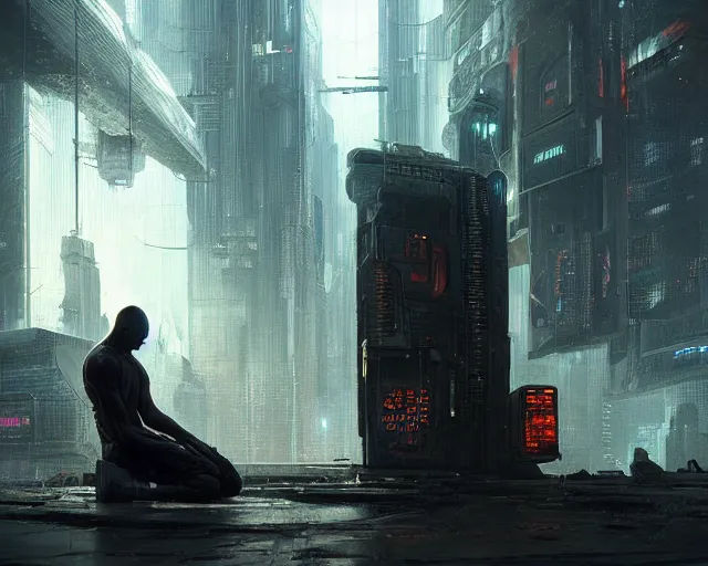 Image similar to sci fi cyberpunk fantasy art a man prays to the god of machines, by greg rutkowski ultrahd dark volumetric lighting hyper detailed unreal engine octane render