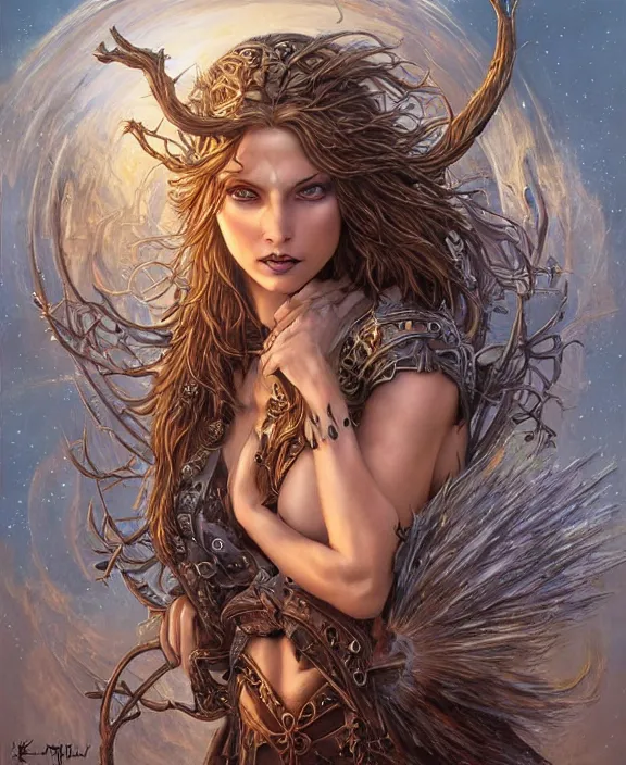 Prompt: a highly detailed symmetrical painting of a sorceress with piercing beautiful eyes, spring tundra setting, dynamic lighting, ambient lighting, deviantart, art by mark brooks and artgerm and karol bak