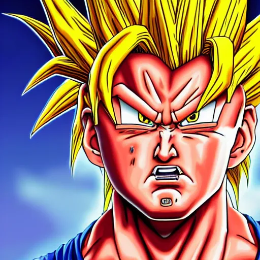 Image similar to ultra realistic portrait painting of donald trump as super saiyan goku, art by akira toriyama, 4 k, dragon ball artstyle, cel shaded, highly detailed, epic lighting