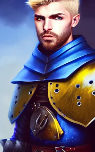 Prompt: a rugged young knight with blonde hair and blue eyes and a short beard and a scar under his left eye wearing a blue shirt steel pauldrons and a yellow cape and leather boots by Tony Sart, realistic, highly detailed, masterpiece, ArtStation