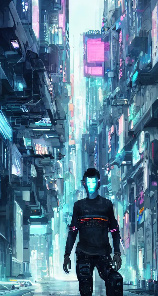 Image similar to concept art portrait of male cyberpunk walking through futuristic town