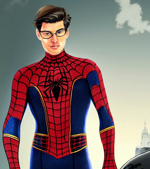 Prompt: very handsome peter parker with his spider suit removed to his waist, looking seductive, digital art, realistic