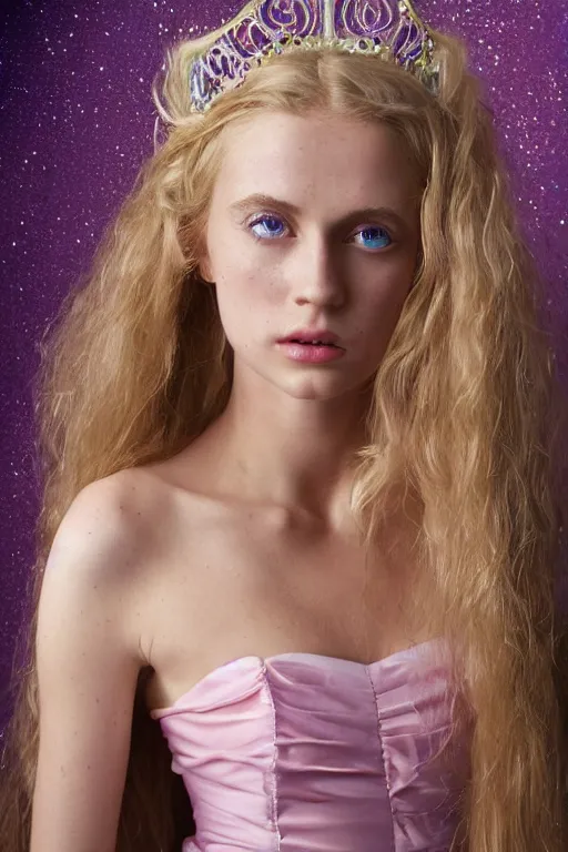 Prompt: a princess with long blonde hair and light blue eyes wearing a strapless elaborately beaded pink dress standing next to a canvas army tent, high resolution film still, 8k, HDR color, film by Simon Langton and David Frankel, triangular face, very light freckles, round narrow chin, straight jawline, natural lips, high cheekbones, beautiful gazing eyes