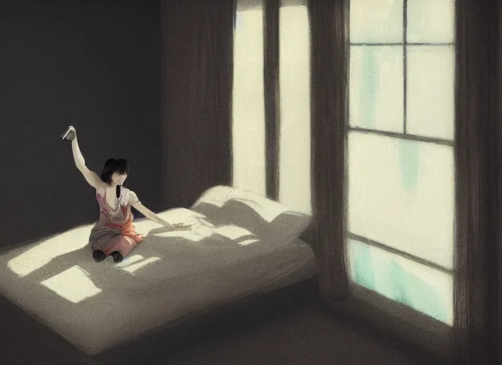 Image similar to famous japanese actress girl seeing the shadow of her desires on the bed of abandoned nightmare house with a light from a window creating dreams, style of James Jean, Edward Hopper, Francis Bacon, colors of Mark Rothko, Frank Auerbach, trending on artstation, Greg Rutkowski, dark atmosphere