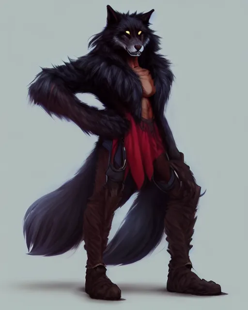 Image similar to character concept art of a black anthropomorphic furry male wolf long red hair | | cute - fine - face, pretty face, key visual, realistic shaded perfect face, fine details by stanley artgerm lau, wlop, rossdraws, james jean, andrei riabovitchev, marc simonetti, and sakimichan, trending on artstation