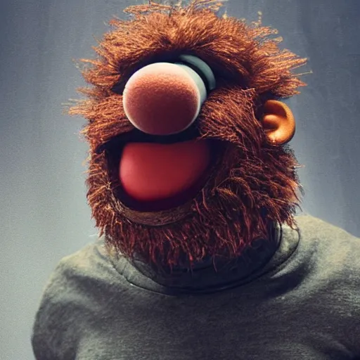 Image similar to a still of a forgotten muppet character looking very manly and modern, hilarious, laughing, hairy chest, huge chin, manly monster tough guy, roughled fur, photo real, photographic, photograph, artstation, trending, featured