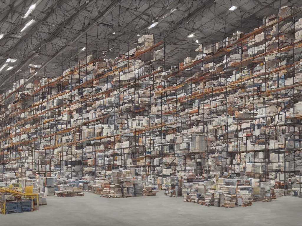 Image similar to a contemoprary painting of a warehouse with huge shelves in which stacks of paper are stored, trending on artstation