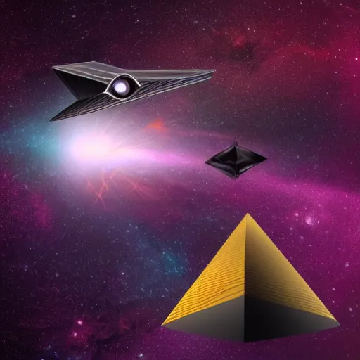 Image similar to pyramid - shaped spacecraft flying through the cosmos, stars, nebula, high detail, realism, cinematic