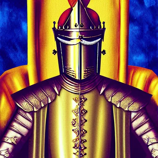 Prompt: a tall royal knight in golden armor saluting his king in a throne room, painting, digital art, harsh lighting