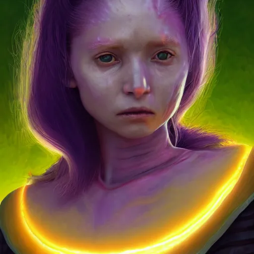 Image similar to A professional digital portrait painting of a young adult female goblin with (skin that looks like fire), dressed in light armor, 4k, digital art, trending on cgsociety, highly detailed, paint by Wes Anderson, head and shoulders shot, shallow depth of field, purple and yellow lighting, professional lighting, airbrush, Hayao Miyazaki