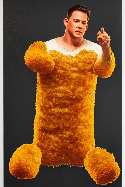 Image similar to channing tatum in a tater tot costume, oil on canvas, intricate, 8 k highly professionally detailed, hdr, cgsociety