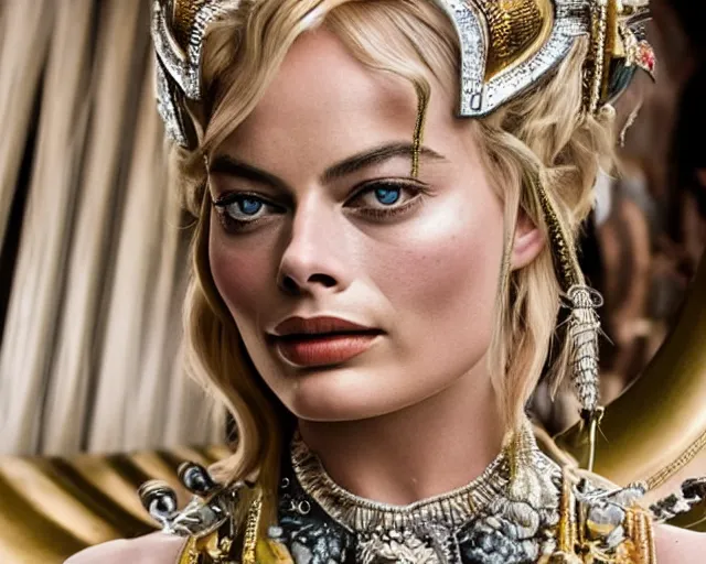 Image similar to Margot robbie as a goddess in heaven, Photography, Cinematic, Portrait, insanely detailed and intricate, hypermaximalist, elegant, ornate, hyper realistic, super detailed