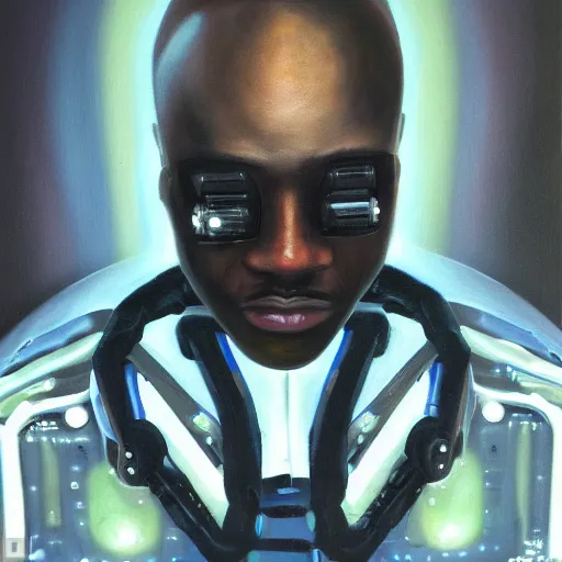 Image similar to a realistic oil painting of a black man as a cybernetic cyborg, surrealism portrait, surrealism album cover