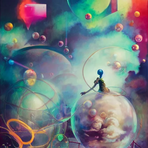 Image similar to surreal gouache painting, yoshitaka amano, ruan jia, conrad roset, bubbles, orbs, incredibly detailed, of floating molecules and a mannequin artist holding an icosahedron with stars, clouds, and rainbows in the background, retrowave, modular patterned mechanical costume headpiece, artstation masterpiece, minimalistic