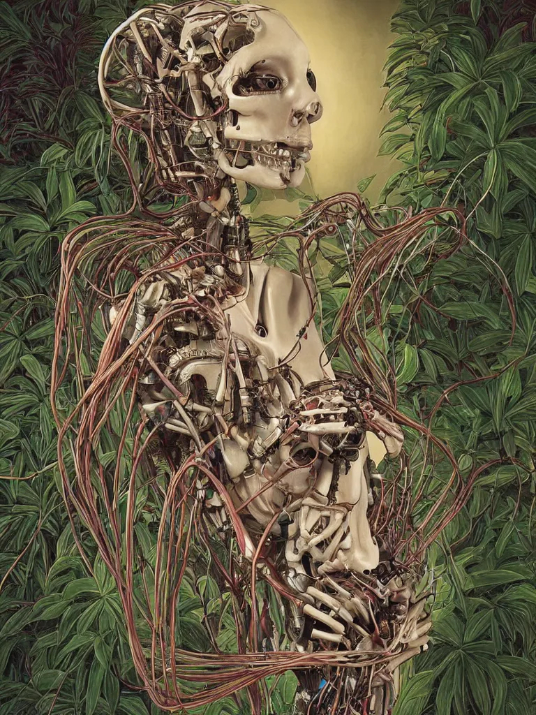 Image similar to portrait of a beautiful female android robot holding a realistic anatomical heart in her hands and crying, there are wires coming from her heart, tangled and entwined with her long flowing hair, mecha, biopunk, skeleton bones, surrounded by tropical plants, black background, painting by Dan Witz