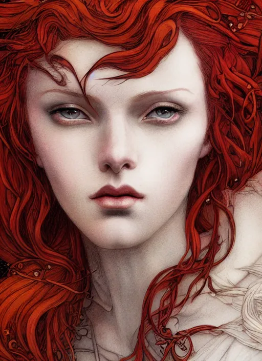 Image similar to dramatic ethereal full length illustration of a beautiful red hair woman in the art style of Eric Fortune and Rebecca Guay, not realistic, sharp focus, 8k high definition, insanely detailed, intricate, elegant