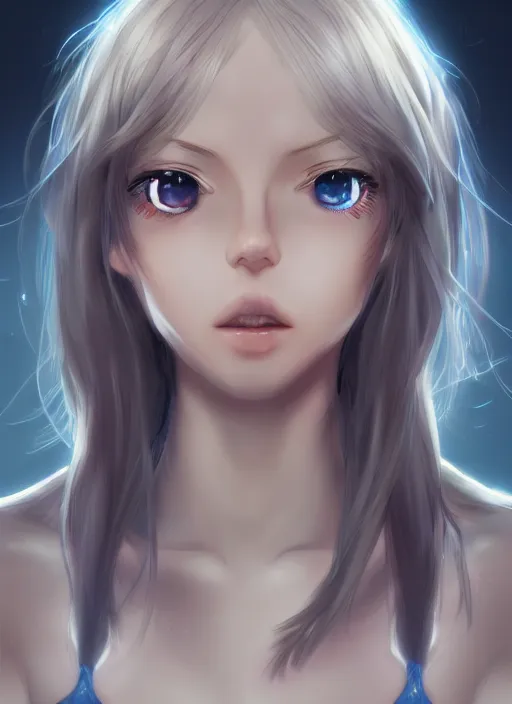 Image similar to covid - 1 9 as girl, humanization, anime, beautiful, pretty face, blue cyborg eyes, innocent, scifi, 4 k, sun yunjoo, ultra realistic, aura of light, cinematic lighting, highly detailed, sharp focus, artstation, masterpiece, art by hyungjin yang