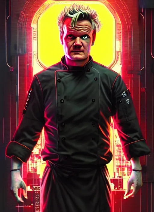 Image similar to cyberpunk gordon ramsey as the most talented chef in the universe, scifi kitchen background, diffuse lighting, fantasy, intricate, highly detailed, lifelike, photorealistic, digital painting, artstation, illustration, concept art, smooth, sharp focus, art by john collier and albert aublet and krenz cushart