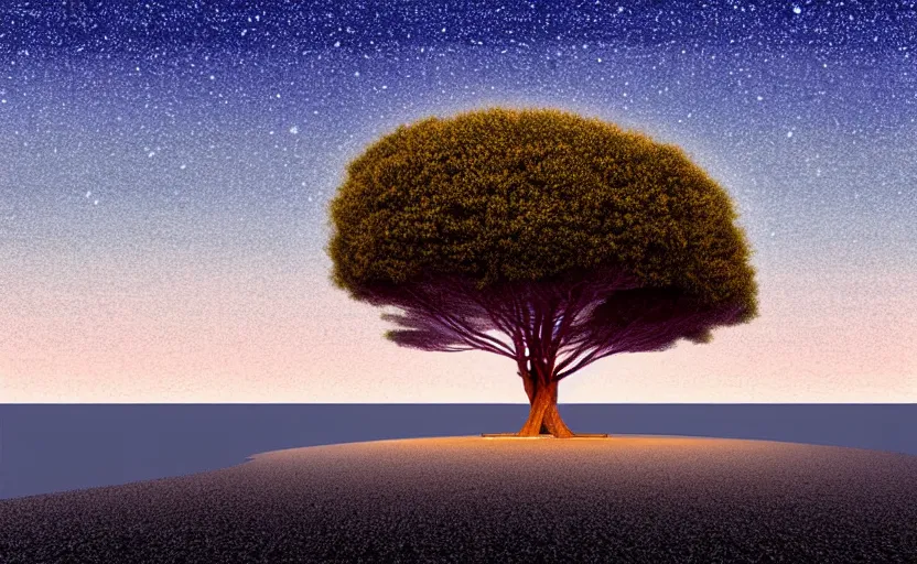 Image similar to one single stand alone huge hyperdetailed minimalist tree, seen from the long distance, at night. by the sea. maximalist unexpected elements. free sky in plain natural warm tones. 8 x 1 6 k hd mixed media 3 d collage in the style of a childrenbook illustration in pastel tones. matte matte background. no frame hd