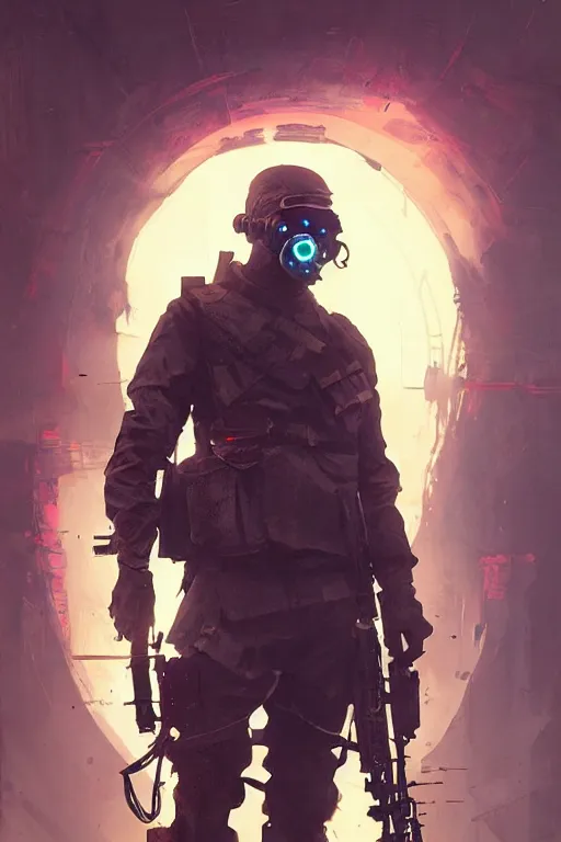 Image similar to soldier from battlefield 1, cyberpunk futuristic neon. decorated with traditional japanese ornaments by ismail inceoglu dragan bibin hans thoma greg rutkowski alexandros pyromallis nekro rene maritte illustrated, perfect face, fine details, realistic shaded, fine - face, pretty face