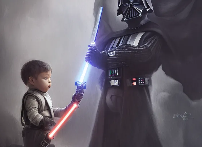 Image similar to a dramatic highly detailed render of darth vader with lightsaber drawn facing off against a cute baby corgi, futuristic star wars vibe, by WLOP and Artgerm and Greg Rutkowski and Alphonse Mucha, Beautiful dynamic dramatic dark moody lighting, shadows, cinematic atmosphere, Artstation, concept design art, Octane render, 8K, masterpiece, sharp focus, hyperrealistic