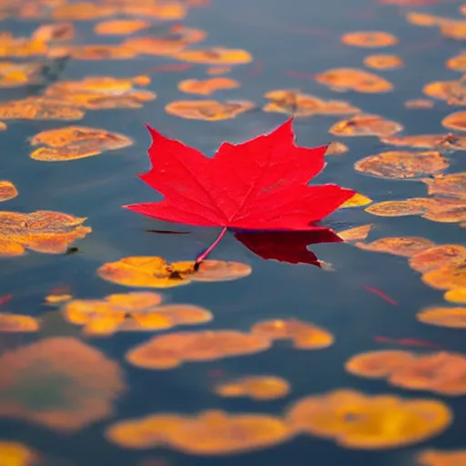 Image similar to close - up of a red maple leaf floating on top of a pond, with reflection