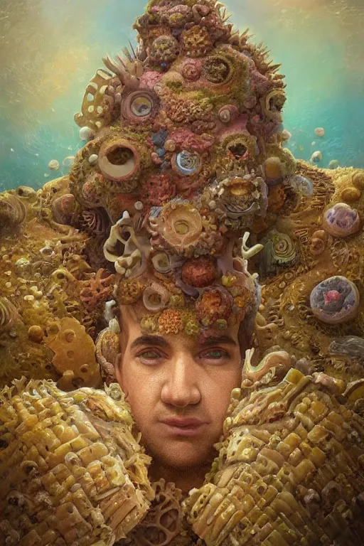 Image similar to photorealistic portrait photograph of stephen hillenburg as a complex sponge structure, upper body, fantasy, handsome, depth of field, soft focus, highly detailed, intricate, realistic, national geographic cover, soft glow, textured, artstation, concept art, sharp focus, illustration, art by artgerm and greg rutkowski and alphonse mucha