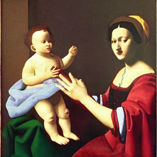 Prompt: Karl Marx as Madonna with child, Renaissance painting, art by Vermeer