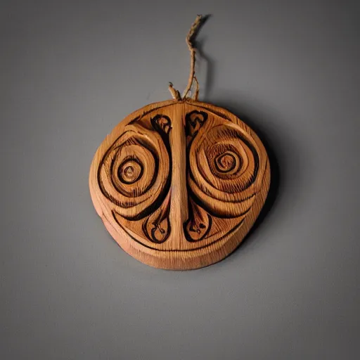 Image similar to a hand - carved wooden talisman made to ward off poltergeists, studio photography, high quality