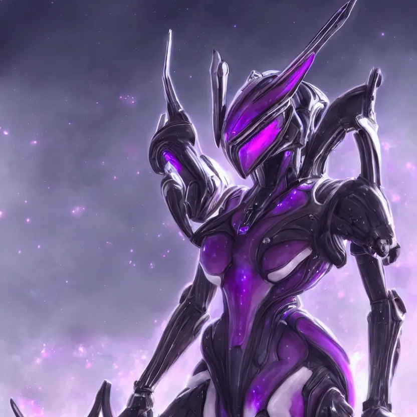 Image similar to cinematic front shot, cosmic sized proportional stunning beautiful hot female warframe, detailed robot mecha female dragon head, metal ears purple eyes, sleek silver armor, fuschia skin, floating in empty space, nebula sized, posing elegantly, epic proportions, epic size, epic scale, furry art, dragon art, giantess art, warframe fanart, furaffinity, deviantart