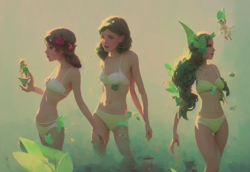 Image similar to portrait of two cute fairies in flower bikinis with joe biden, fantasy, by atey ghailan, by greg rutkowski, by greg tocchini, by james gilleard, by joe gb fenton, dynamic lighting, gradient light green, brown, blonde cream, salad and white color in scheme, grunge aesthetic