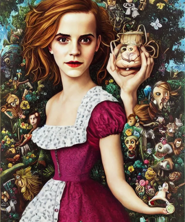 Image similar to portrait of Emma Watson in wonderland, lowbrow painting by Mark Ryden