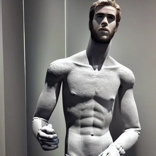 Image similar to “ a realistic detailed photo of a guy who is an attractive humanoid who is half robot and half humanoid, who is a male android, actor liam hemsworth, shiny skin, posing like a statue, blank stare, at the museum, on display ”