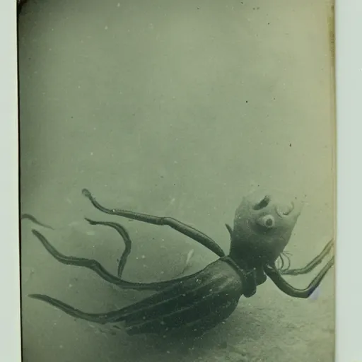Image similar to tintype photo, swimming deep underwater, squid spider bug
