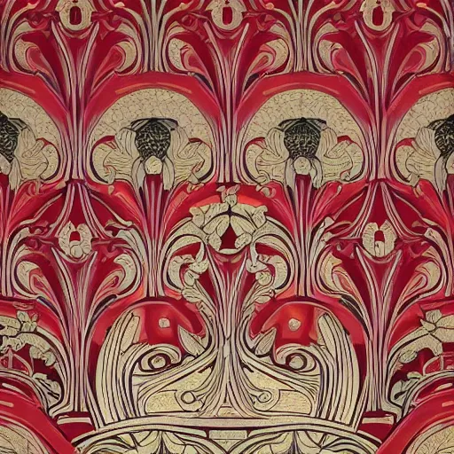 Prompt: symmetrical mural painting from the early 1 9 0 0 s in the style of art nouveau, red curtains, art nouveau design elements, art nouveau ornament, scrolls, flowers, flower petals, rose, opera house architectural elements, mucha, masonic symbols, masonic lodge, joseph maria olbrich, simple, iconic, masonic art, masterpiece, artgerm