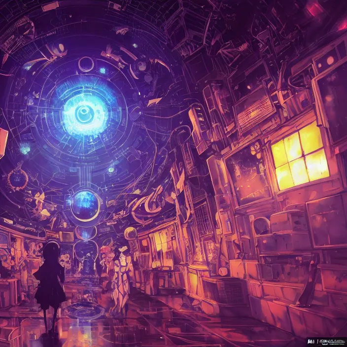 Image similar to Albedo from overlord, mamimi samejima, psychedelic background, epcot, inside a space station, eye of providence, female anime character, Lain, uwu, uwu, Luminism, Tomas Sanchez, Karla Knight, surrealism, Simon Stålenhag, M. C. Escher, Ruan Jia, uwu Hi-Fructose, Artstation, HD, HDR, High Resolution, technological rings, giygas