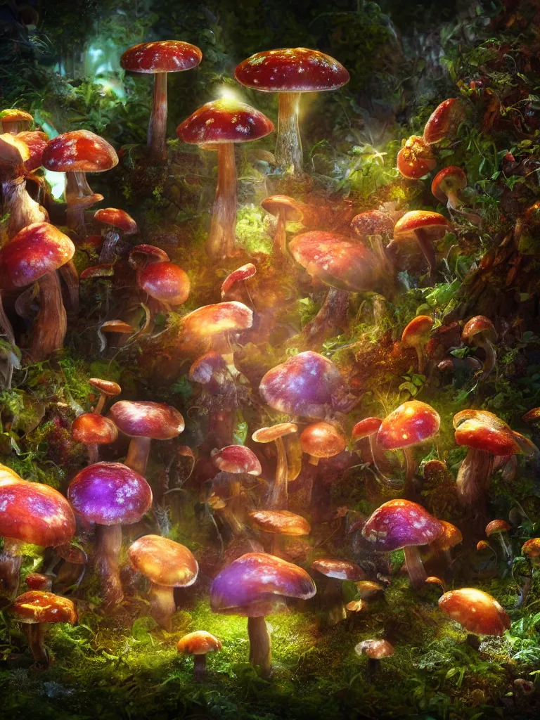 Image similar to a psychedelic engine creates mushrooms while fairy's dance in delight, by brian froud, octane render, 8 k, beautifully lit