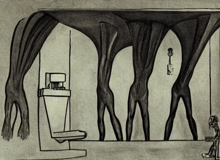 Image similar to aliens entering into a pissoir. marcel duchamp style