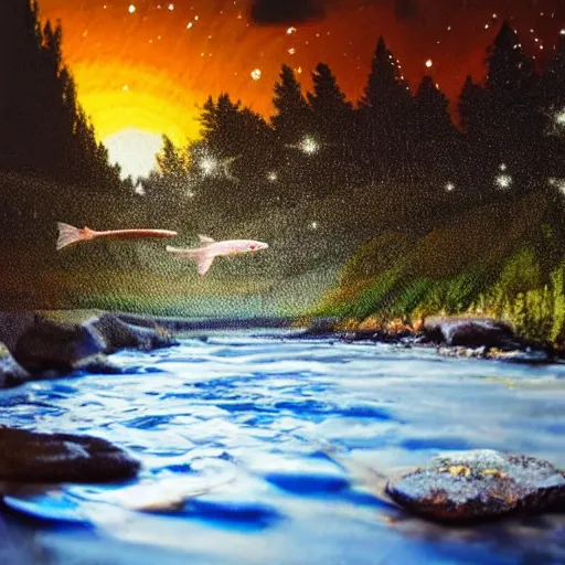 Image similar to starry nigh, salmon jumping out of a river