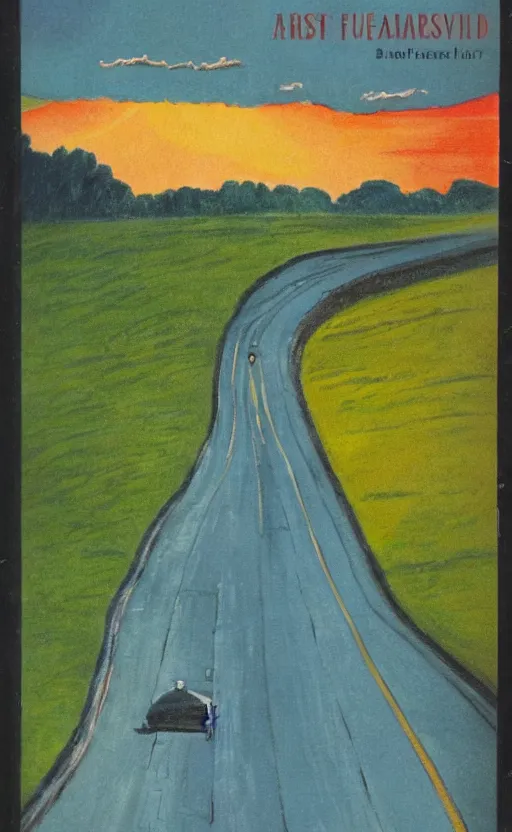 Image similar to paperback book cover. 1 9 5 0 s. pure colors, melting clouds, accurately drawn details, a sunburst above a receding road with the light reflected in furrows and ruts, after rain.