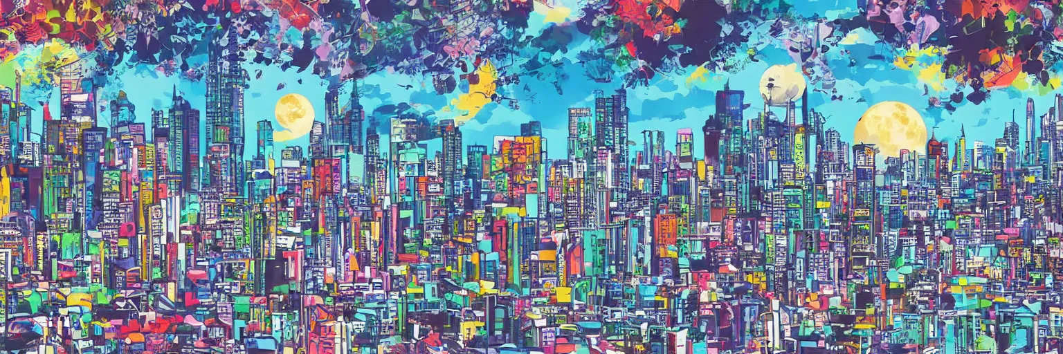 Prompt: wild cityscape, made in tokyo artstyle, colorful, there is a moon in the sky, it is daytime