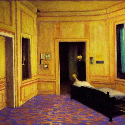 Image similar to haunted room of ivory and gold filigree, film still by edward hopper, by Bosch, by klimt, art noveau, highly detailed, strong lights, liminal, eerie, Bright pastel colors