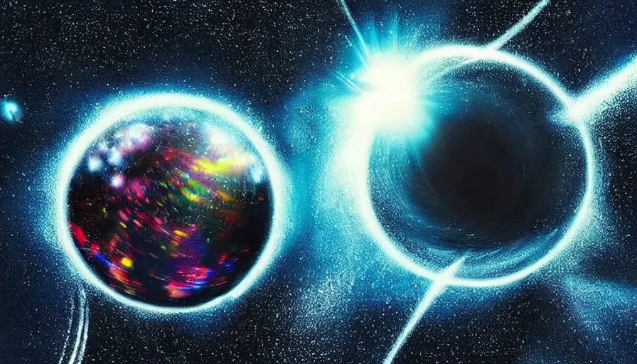 Prompt: a giant sphere of water orbiting a star falling into a black hole there is a city inside a forcefield inside the globe of water that is being spaghettified, amazing detail, vivid colors, highly detailed, realistic reflections