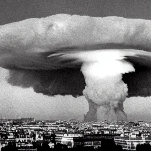 Prompt: photo of a nuclear explosion in paris in the year 1 9 9 1, hd photo, wide angle