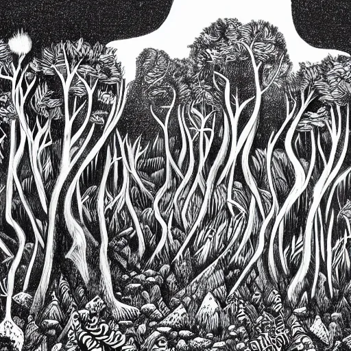 Image similar to dark forest illustration, 4k detailed, black ink on white paper, dark fantasy, white space in middle