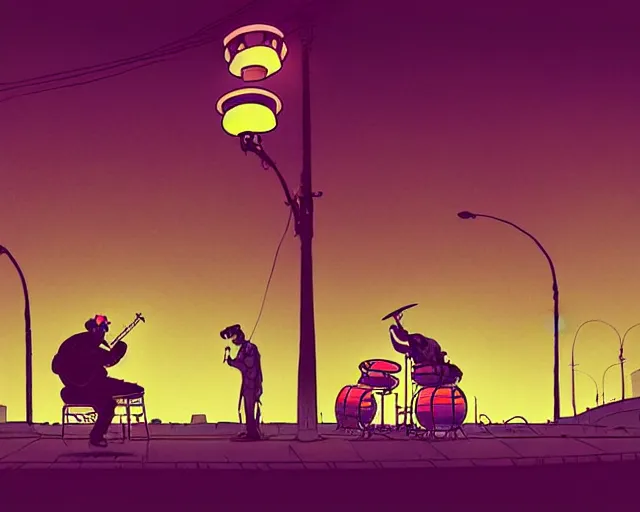 Prompt: a study of cell shaded cartoon of a two man band playing a microKorg synthesizer and drums floating above a country road, street lamps, road, illustration, wide shot, subtle colors, post grunge, concept art by josan gonzales and wlop, by james jean, Victo ngai, David Rubín, Mike Mignola, Laurie Greasley, highly detailed, sharp focus, Trending on Artstation, HQ, deviantart, art by artgem