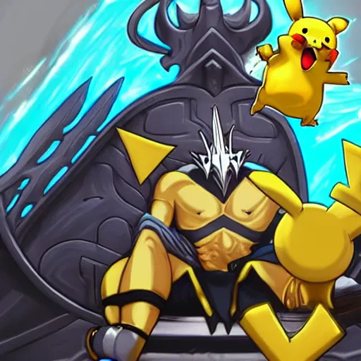Prompt: Mordekaiser form league of legends sitting on a throne with a pikachu